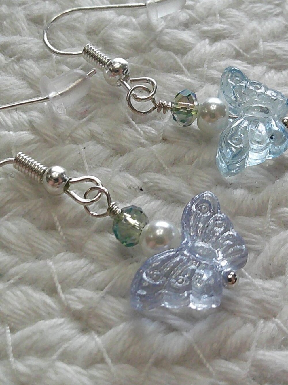 Whimsical BLUE BUTTERFLIES with CRYSTAL & PEARL Handmade Silver Earrings #852E